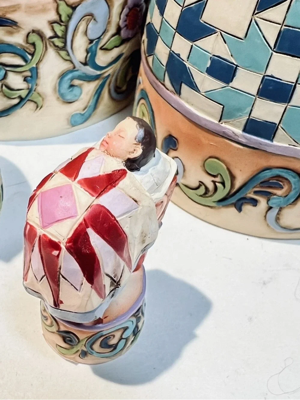 Jim Shore Ceramic Nativity Set in Blue, Green, Pink, Cream